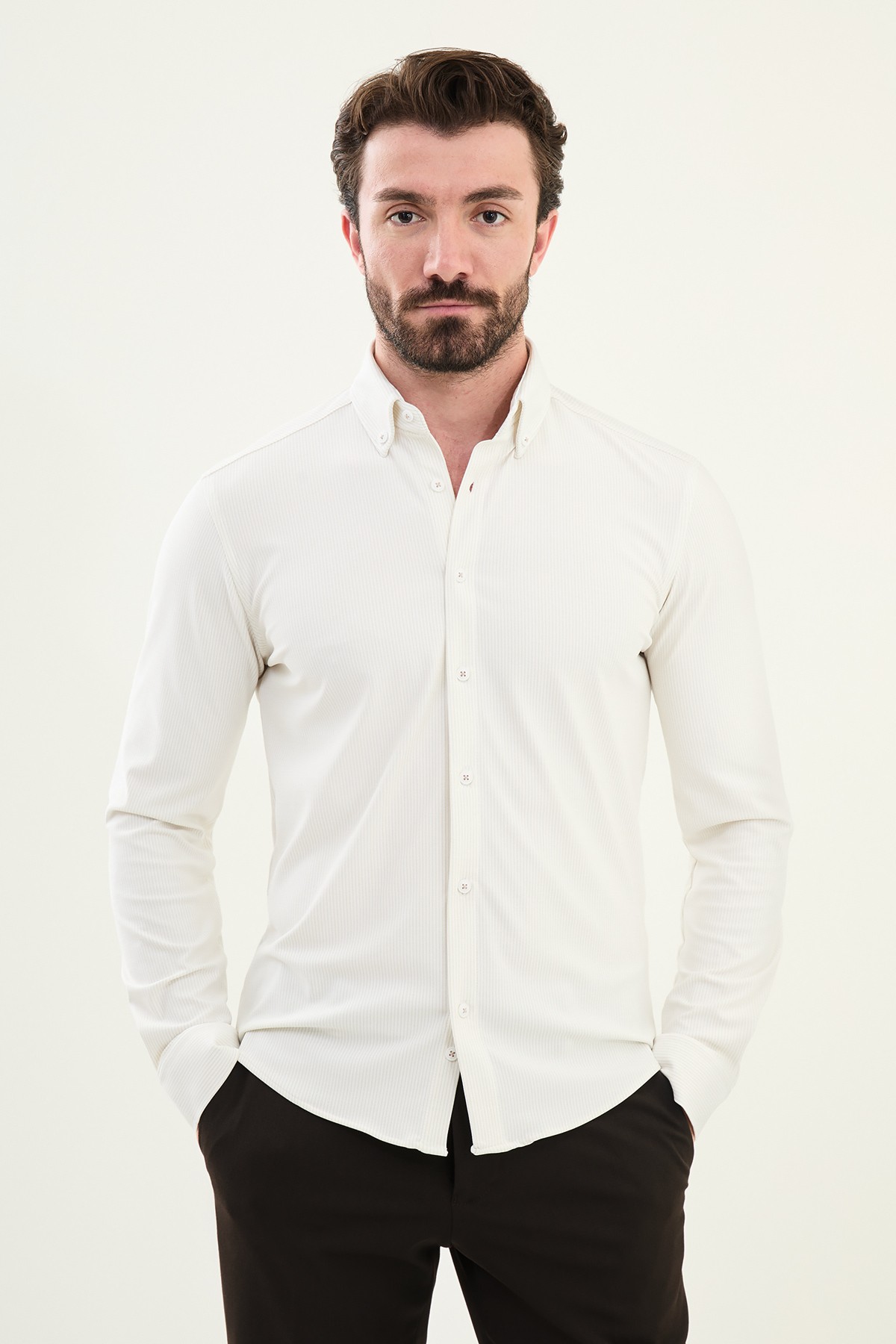 Çizgili Slim Fit Pamuk Erkek Gömlek - Bej