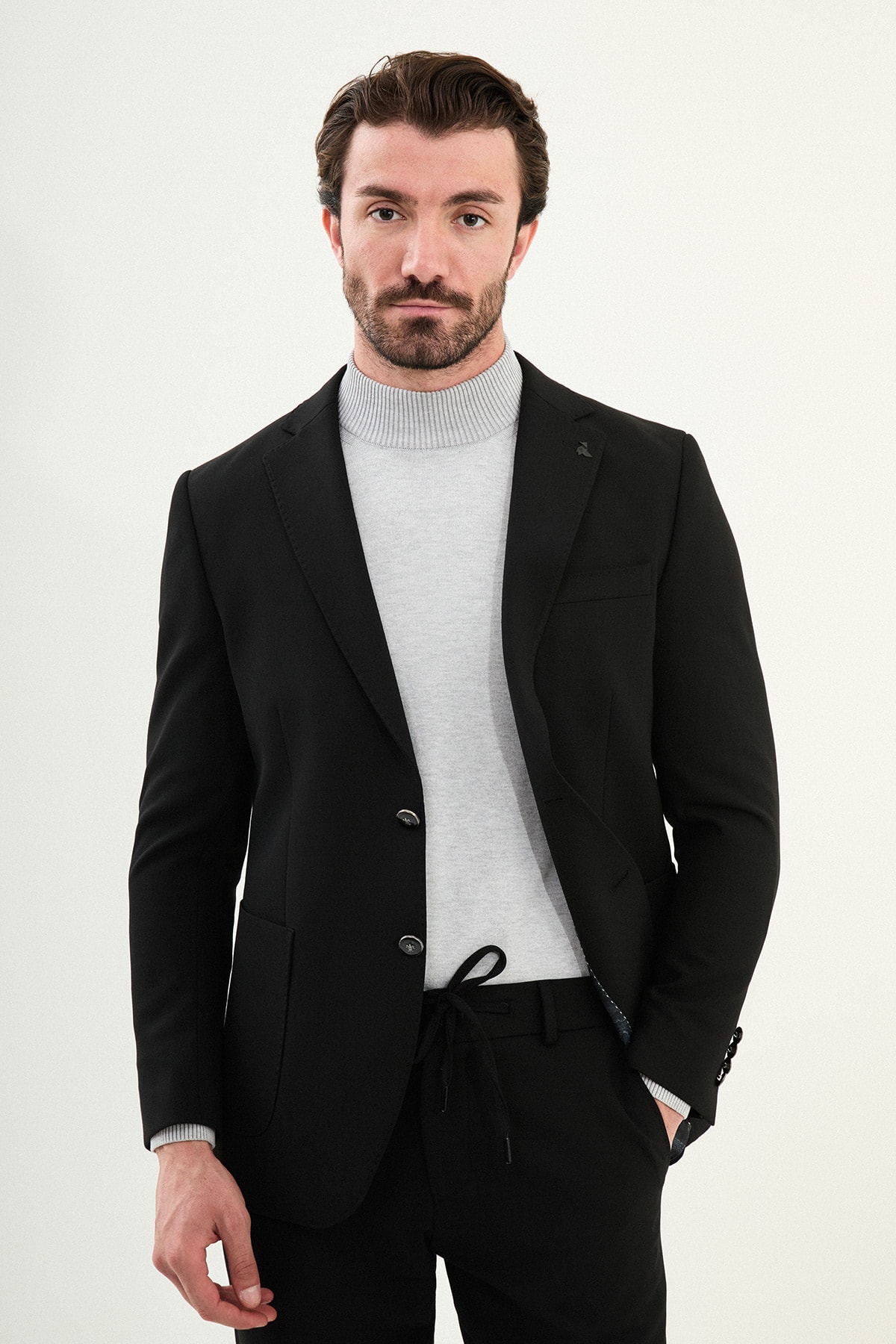 Düz Slim Fit Mono Yaka Torba Cepli Metal Düğmeli Erkek Ceket - Siyah