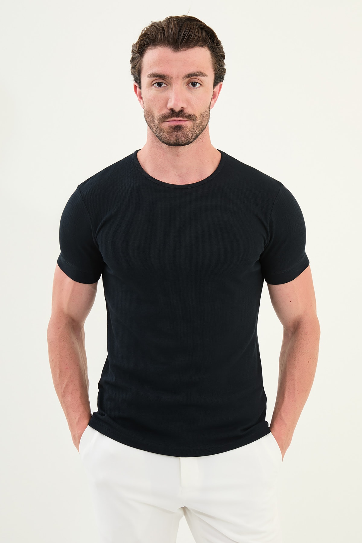 Desenli Slim Fit Kısa Kollu Pamuk Erkek T-Shirt - Lacivert