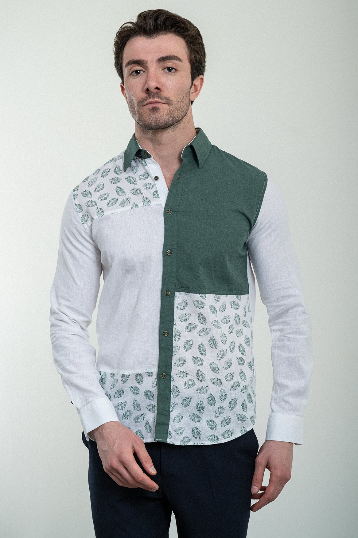 Çiçek Desenli Slim Fit Uzun Kollu Keten Erkek Gömlek - Beyaz-Yeşil