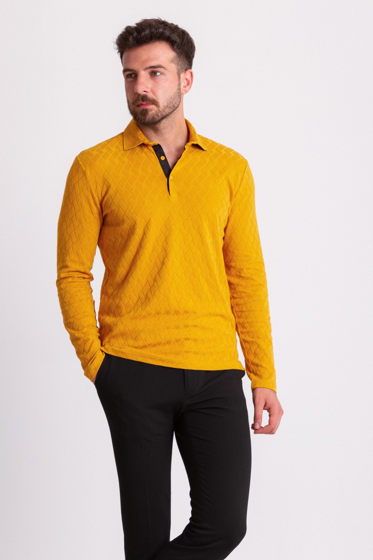 Desenli Slim Fit Uzun Kollu Polo Yaka Erkek T-Shirt - Sarı