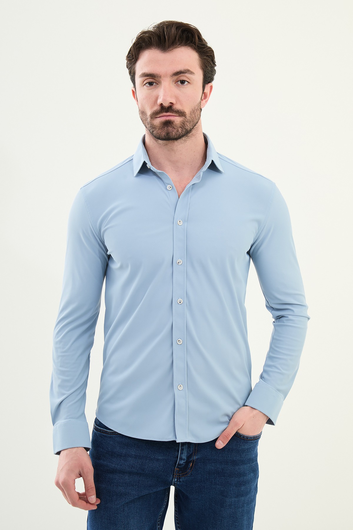 Düz Slim Fit Erkek Gömlek - Mavi