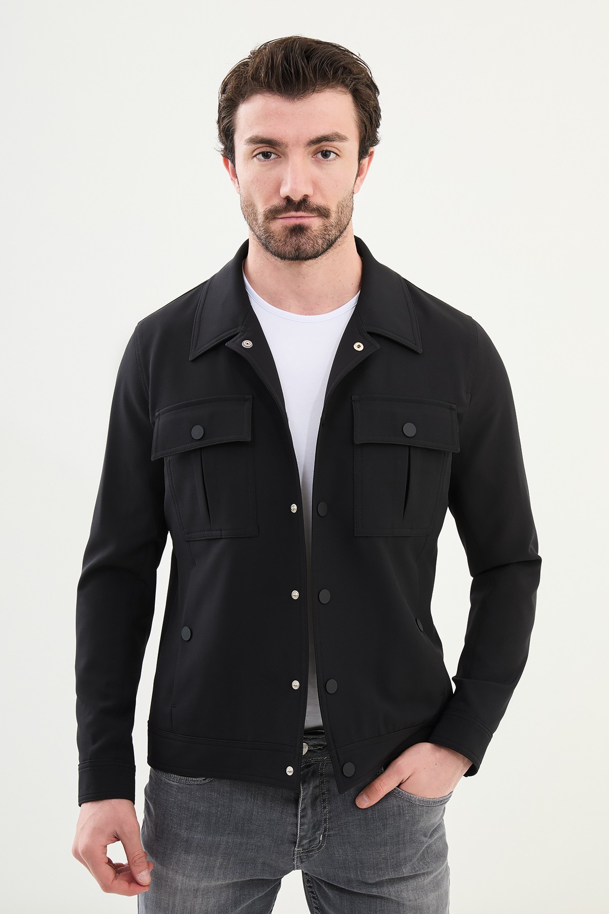 Düz Slim Fit Gömlek Yaka Erkek Mont - Siyah