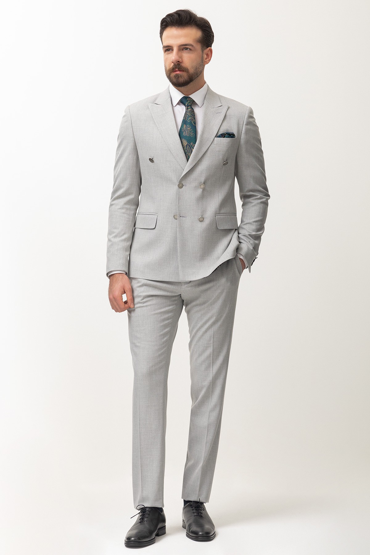 Duz Slim Fit Kırlangıc Yaka Kruvaze Erkek Takım Elbise