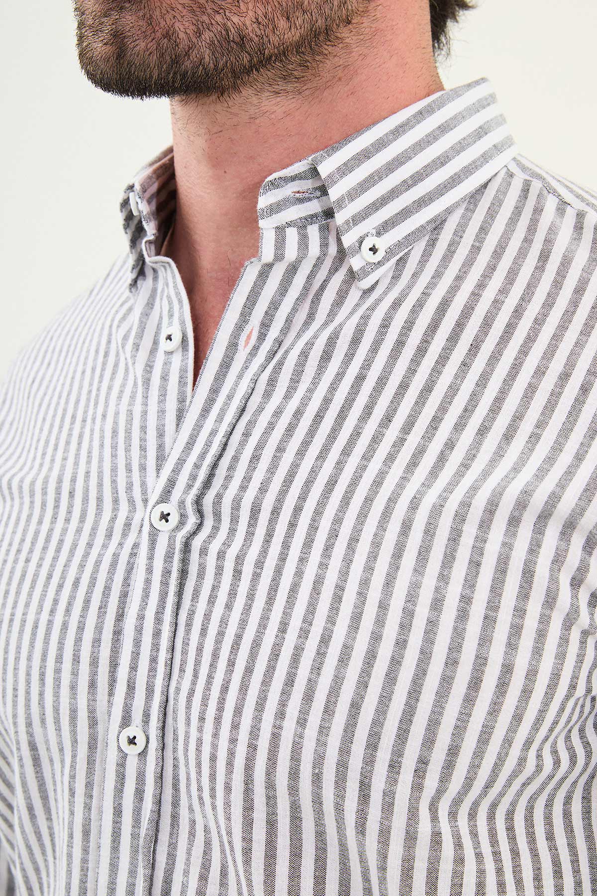 Çizgili Slim Fit Uzun Kollu Keten Erkek Gömlek