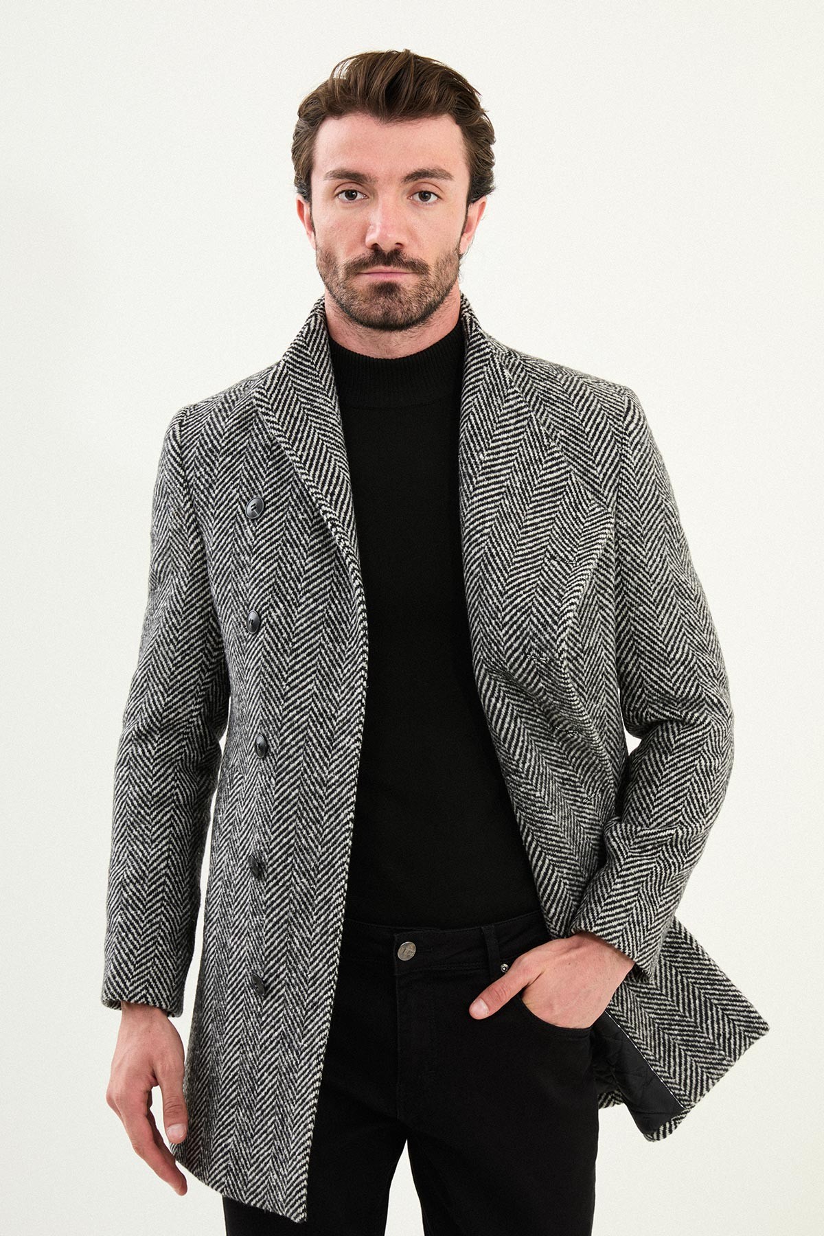 Balıksırtı Slim Fit Şal Yaka Kaşe Erkek Kaban