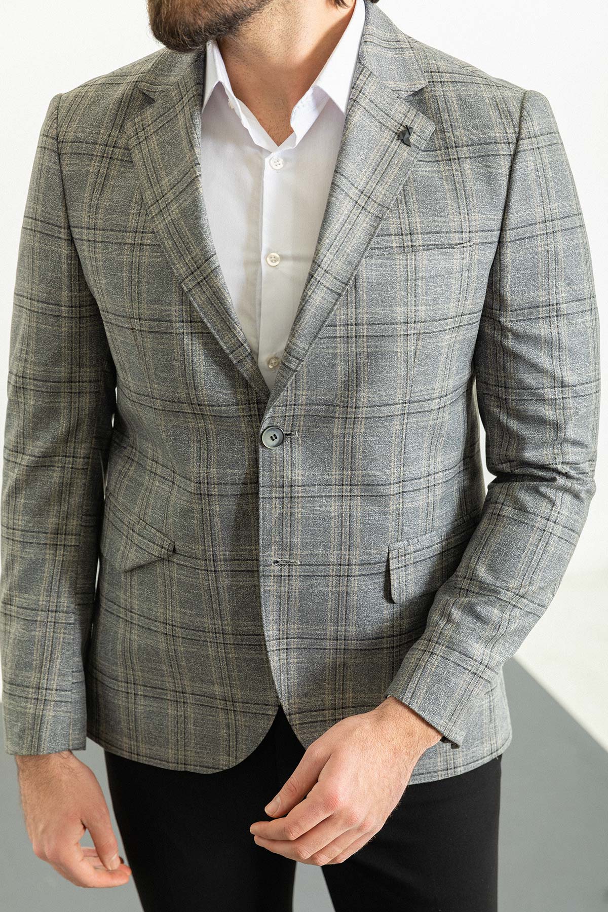 Ekoseli Slim Fit Mono Yaka Keten Erkek Ceket