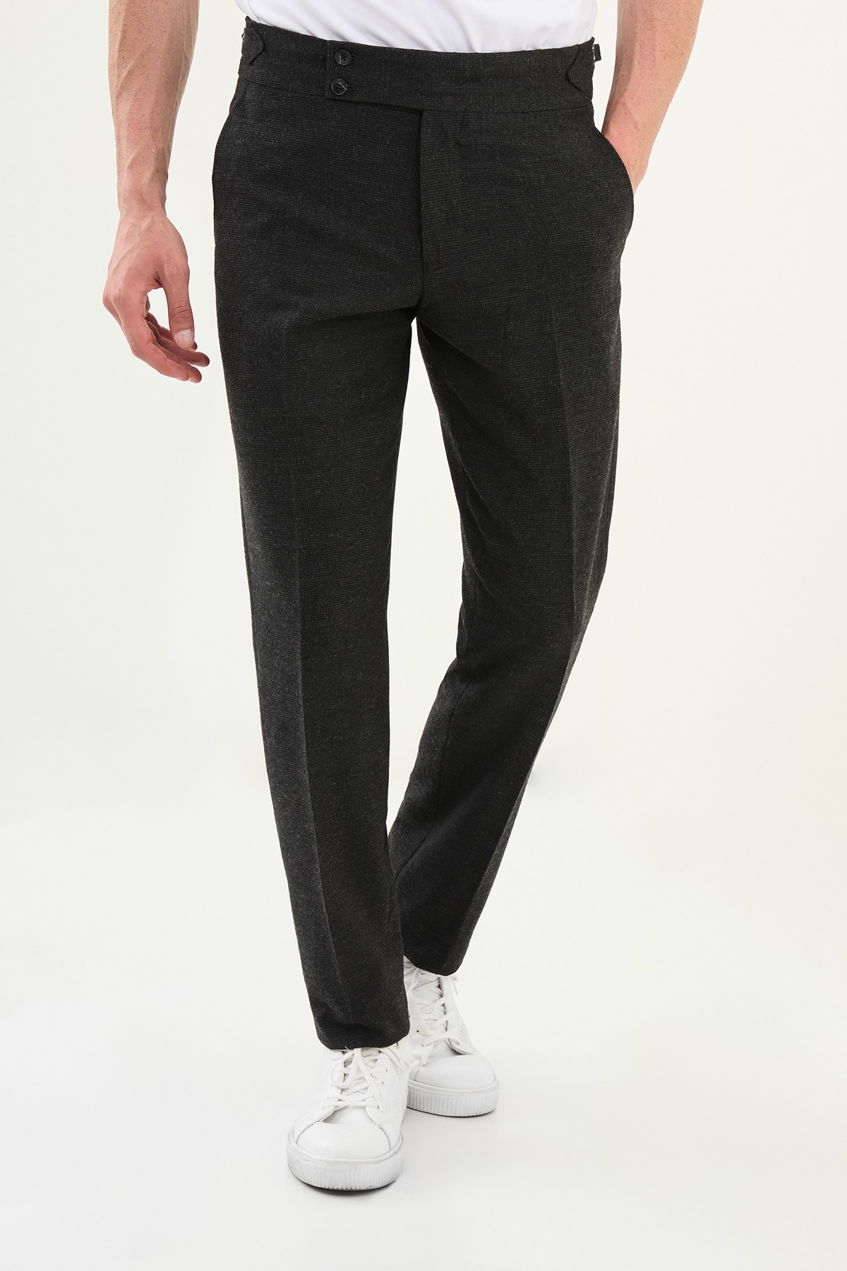 Kareli Slim Fit Beli Tokalı Yün Erkek Pantolon - Siyah