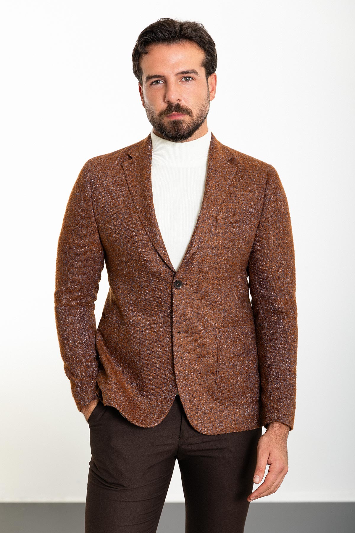 Dokulu Slim Fit Torba Cep Mono Yaka Yün Erkek Ceket