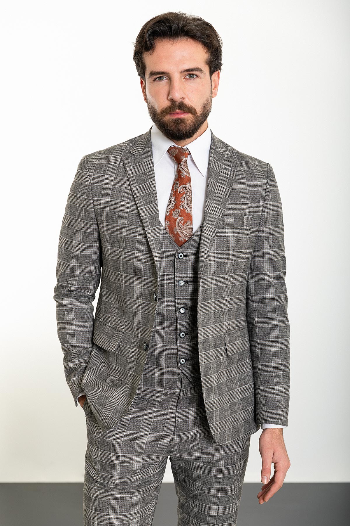Ekoseli Slim Fit Mono Yaka Keten Erkek Takım Elbise