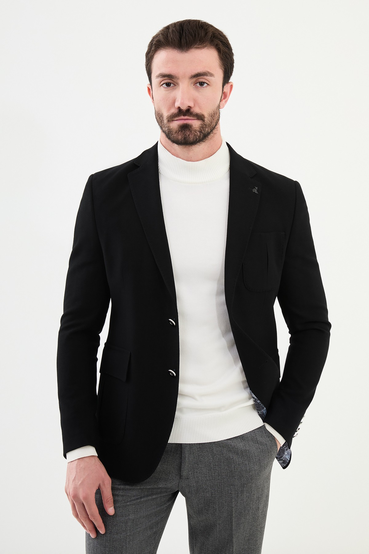 Çizgili Slim Fit Torba Cep Mono Yaka Erkek Ceket
