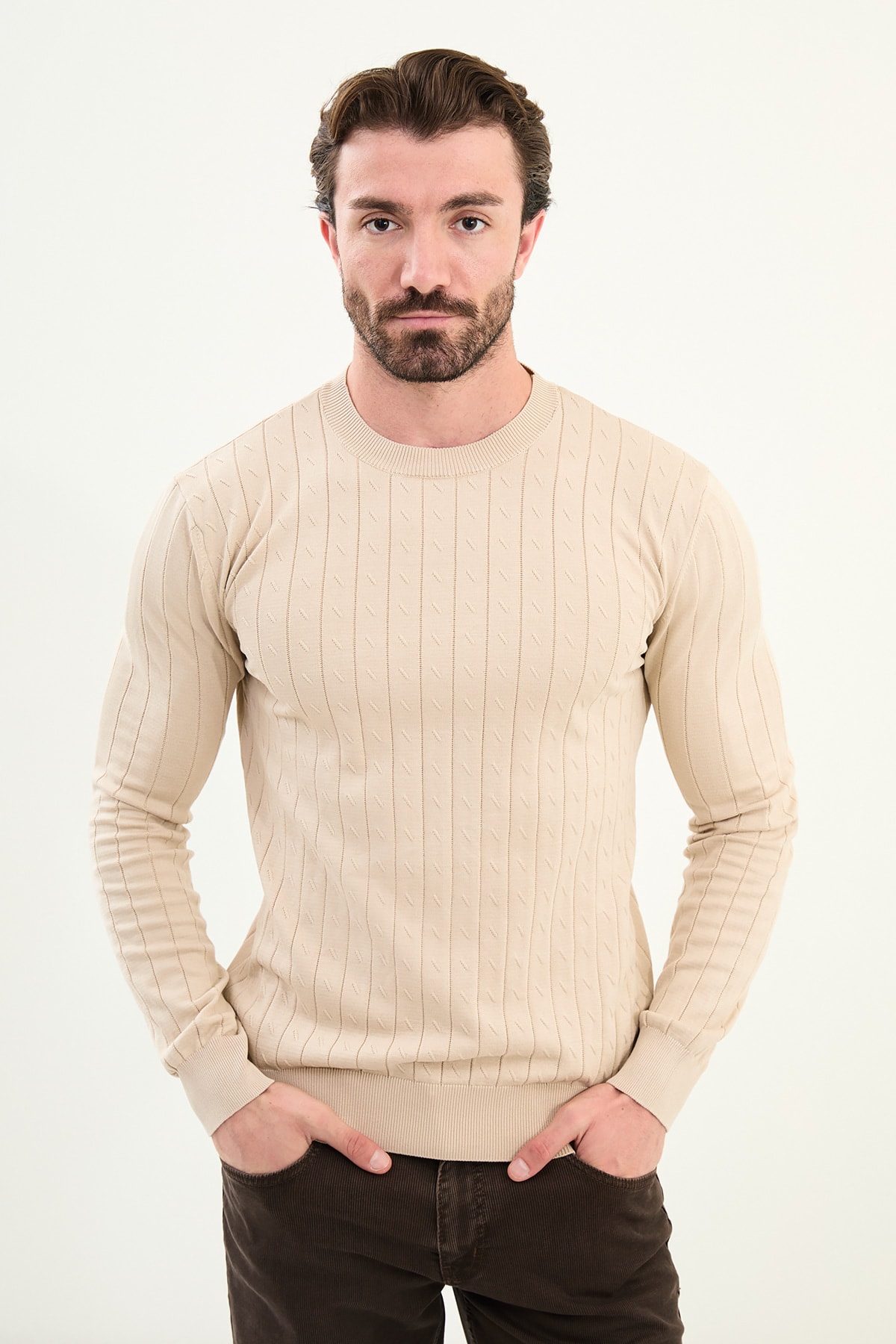 Desenli Slim Fit Bisiklet Yaka Erkek Triko Kazak - Bej