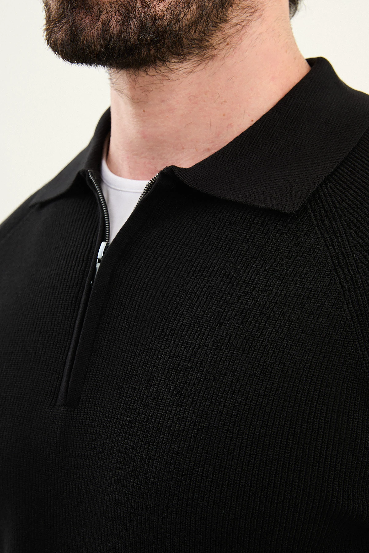 Dokulu Slim Fit Fermuarlı Polo Yaka Erkek Triko Kazak