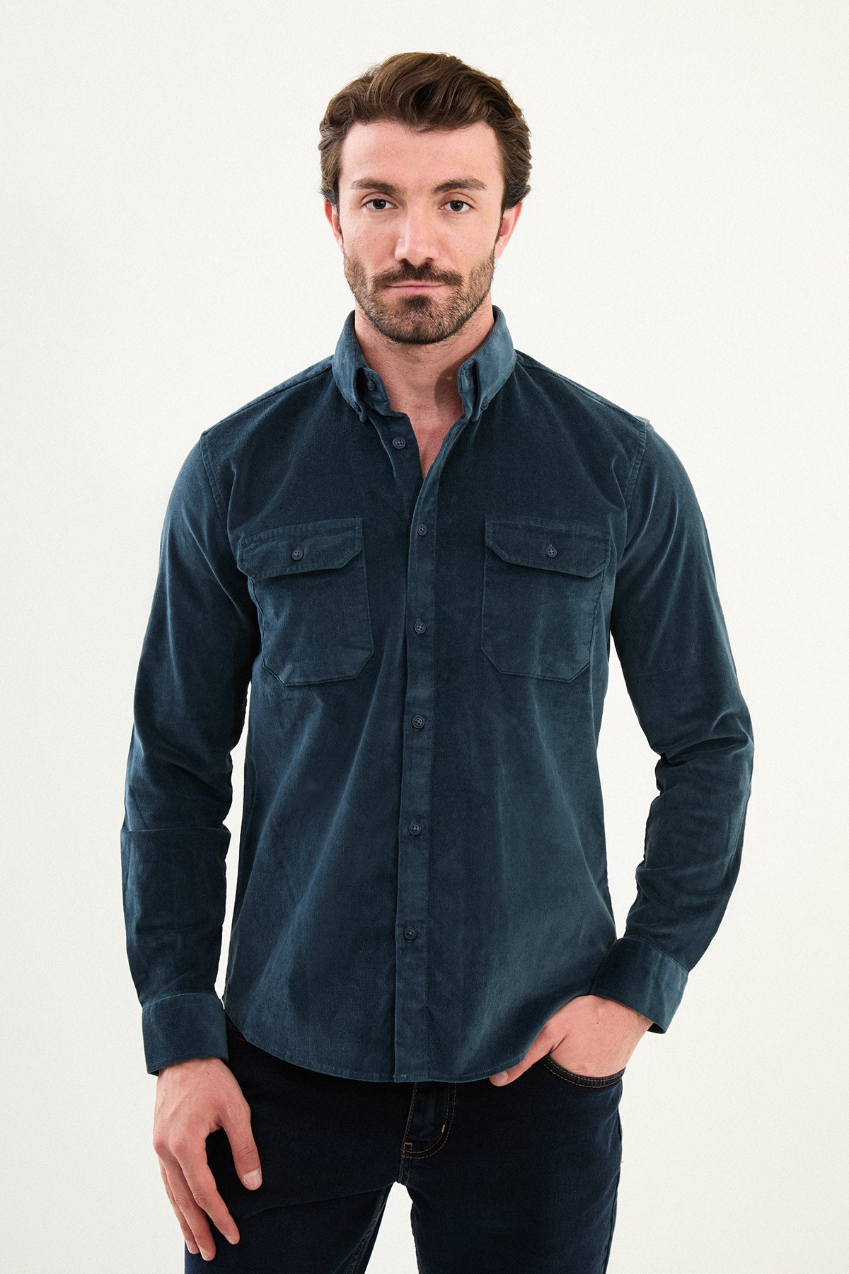 Düz Slim Fit Uzun Kollu Kadife Erkek Gömlek - Zümrüt