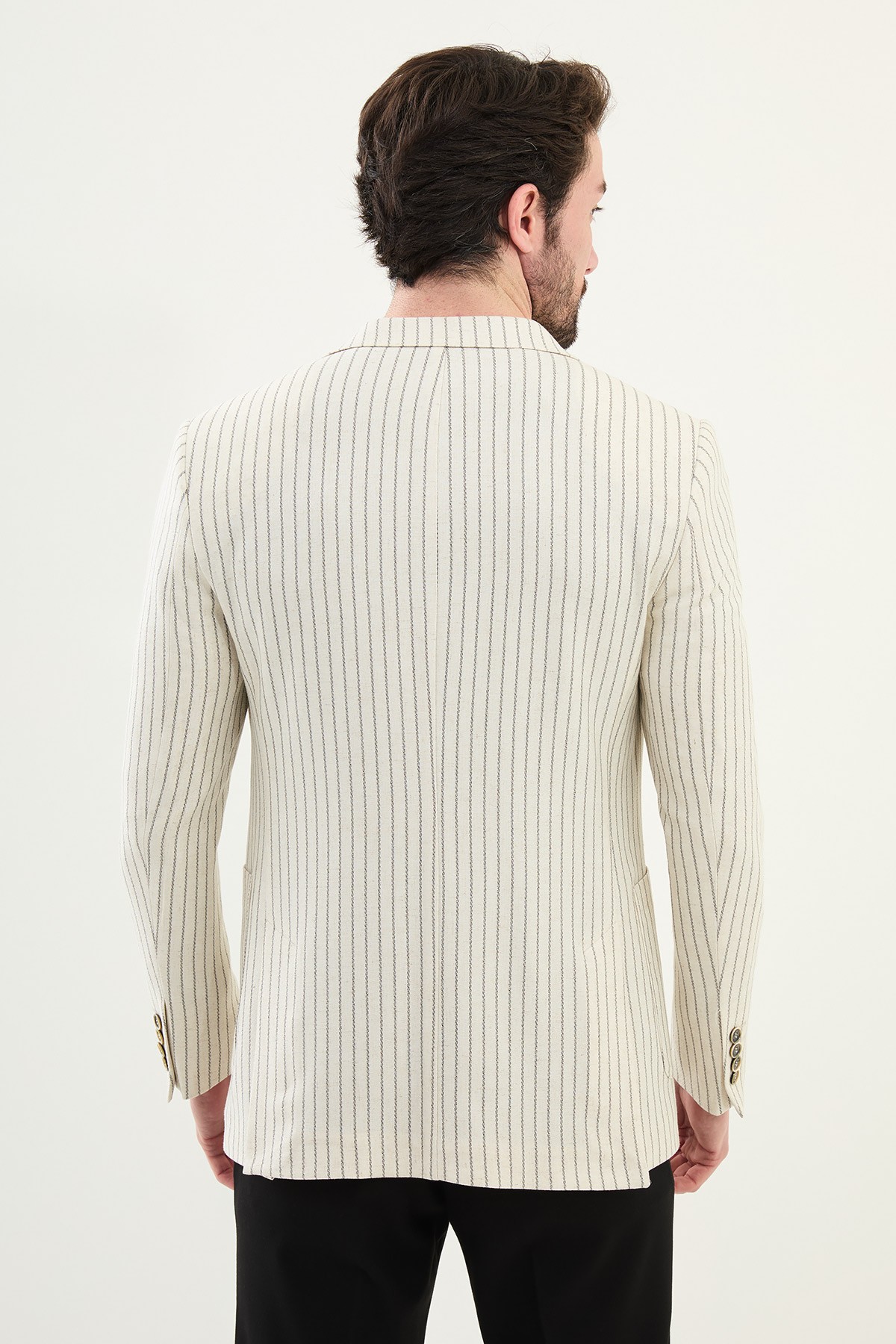 Çizgili Slim Fit Torba Cep %100 Keten Erkek Ceket
