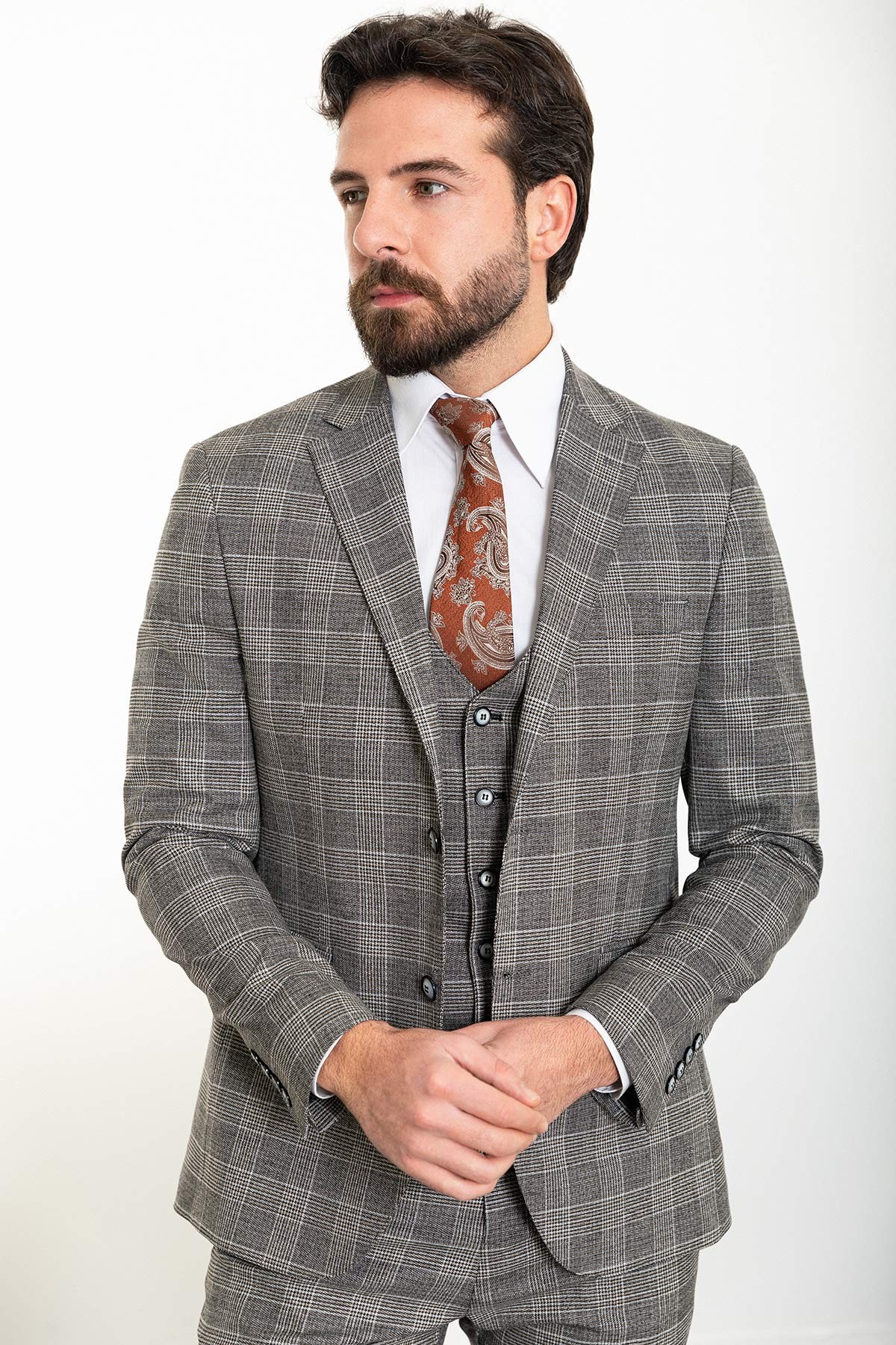 Ekoseli Slim Fit Mono Yaka Keten Erkek Takım Elbise