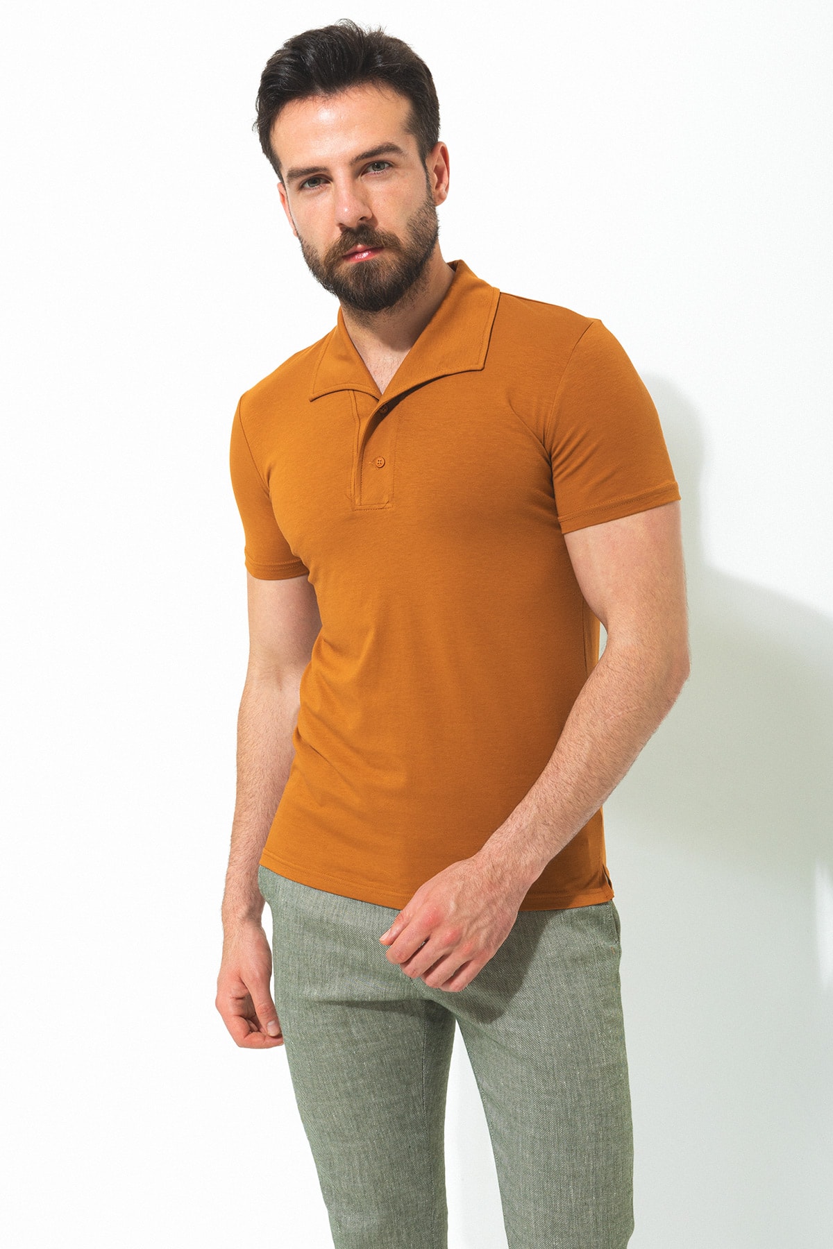 Düz Slim Fit Apaç Yaka Erkek T-Shirt - Kamel