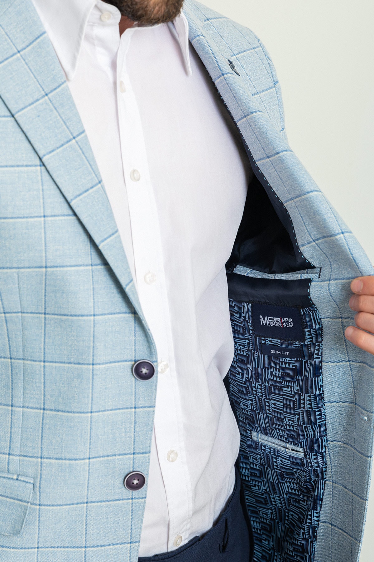 Ekoseli Slim Fit Mono Yaka Erkek Ceket