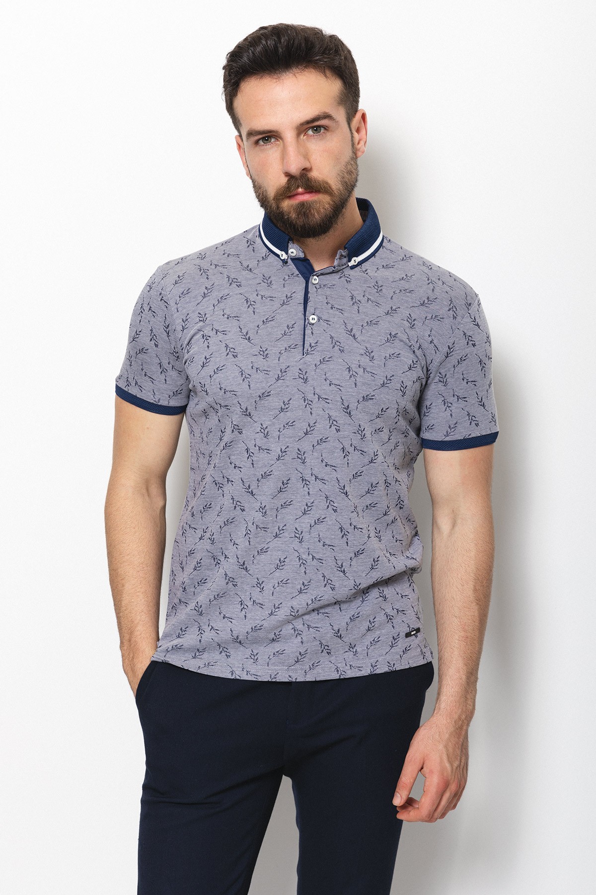 Çiçek Desenli Slim Fit Polo Yaka Erkek T-Shirt