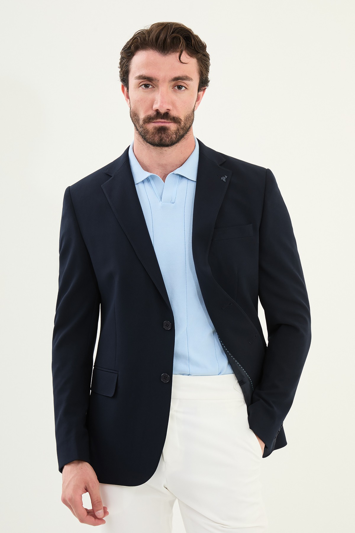 Düz Slim Fit Mono Yaka Klasik Erkek Ceket - Koyu Lacivert