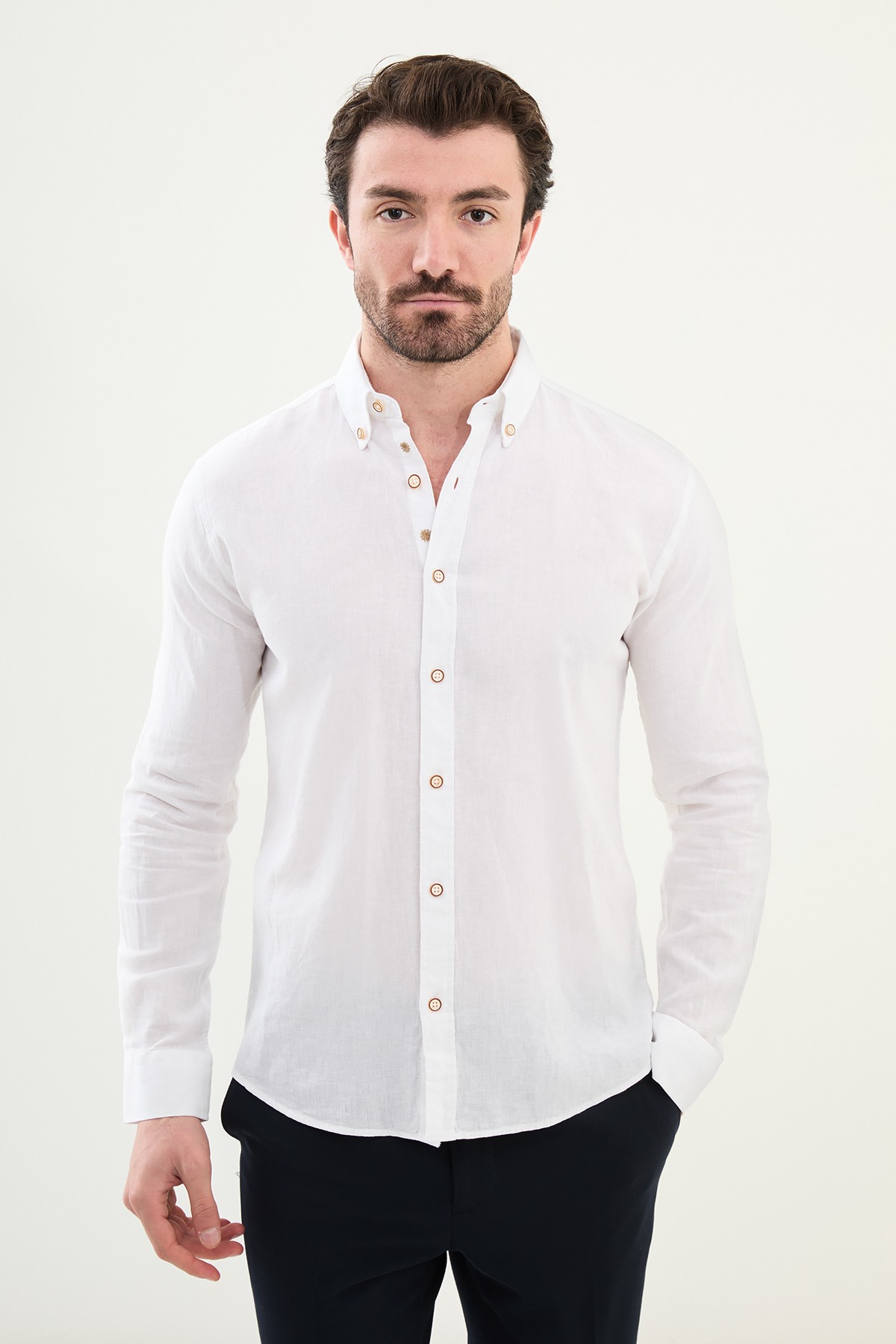 Düz Slim Fit Uzun Kollu Keten Erkek Gömlek - Beyaz