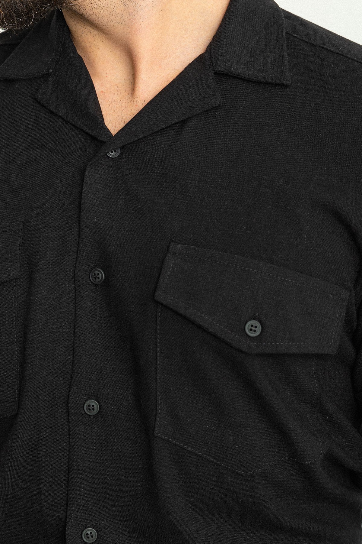 Düz Slim Fit Apaç Yaka Keten Erkek Gömlek Şort Takım