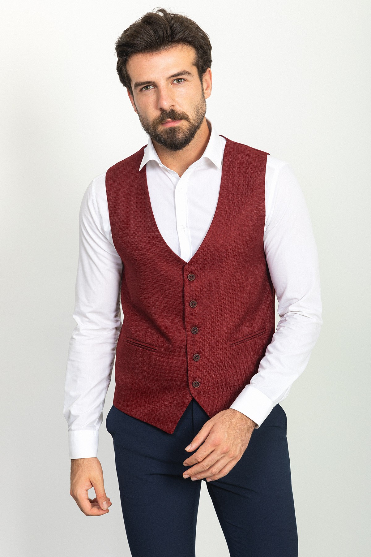 Desenli Slim Fit Klasik Yün Erkek Yelek - Bordo