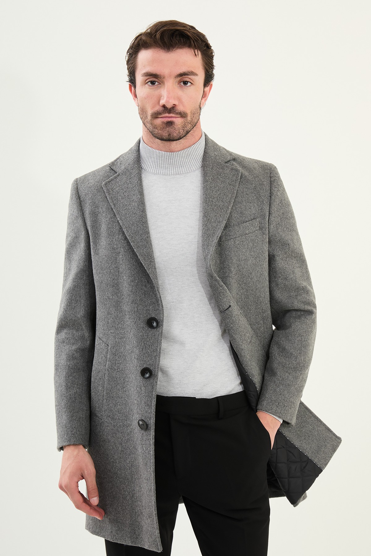 Düz Slim Fit Mono Yaka Klasik Yün Erkek Kaban - Antrasit