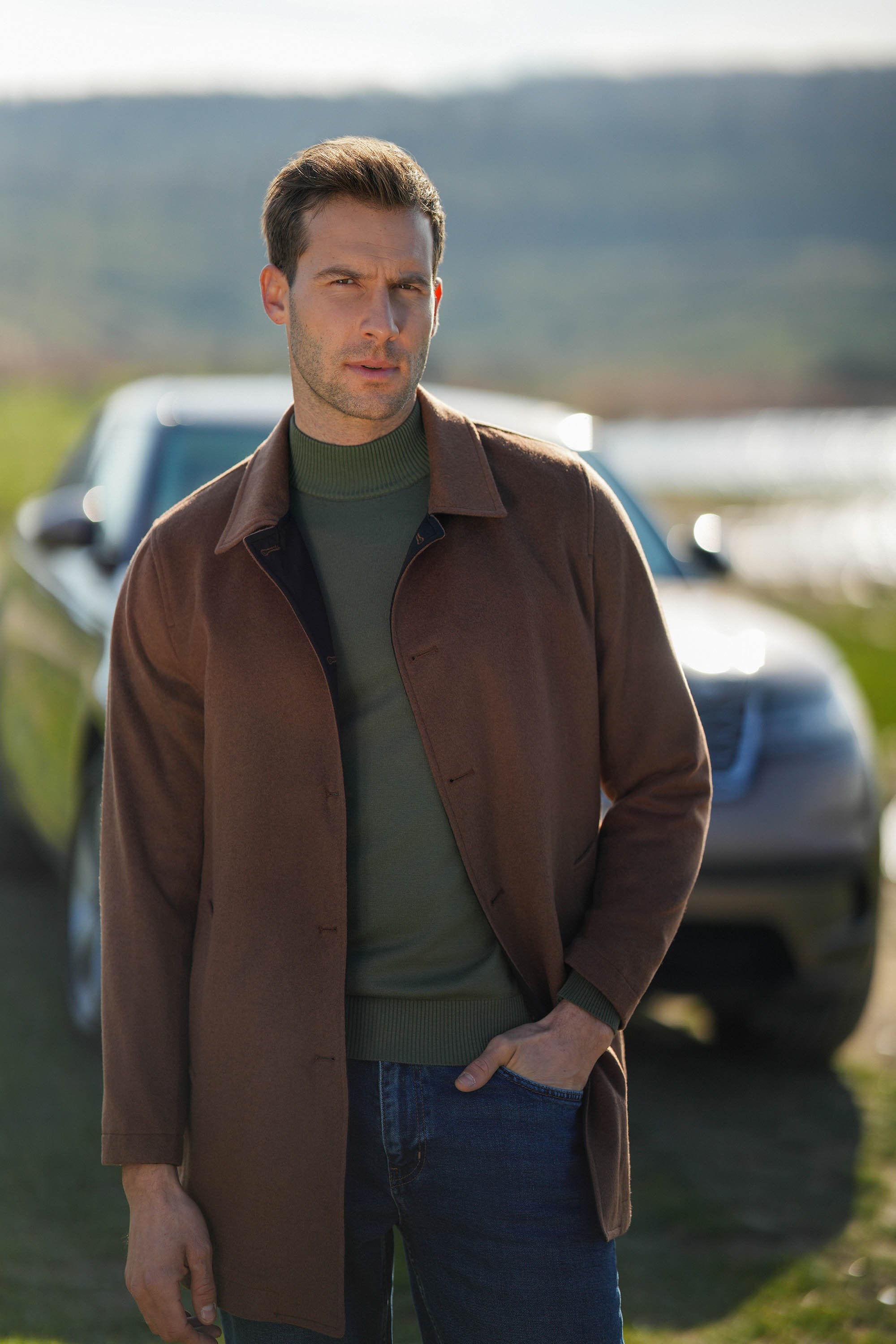 Düz Slim Fit Gömlek Yaka Çift Taraflı Erkek Trench Coat - Siyah-Kamel