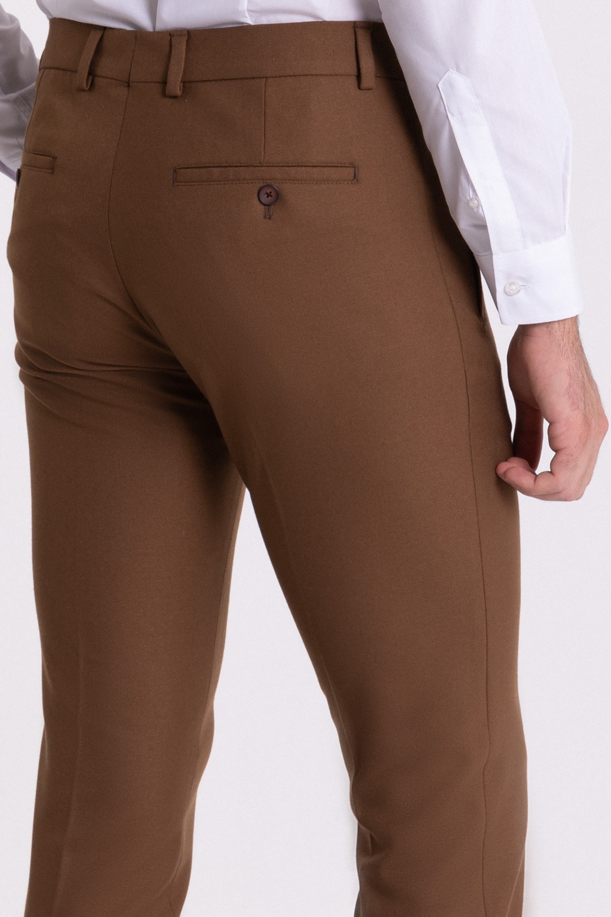 Düz Super Slim Fit Cep Fermuar Detaylı Erkek Pantolon - Kamel