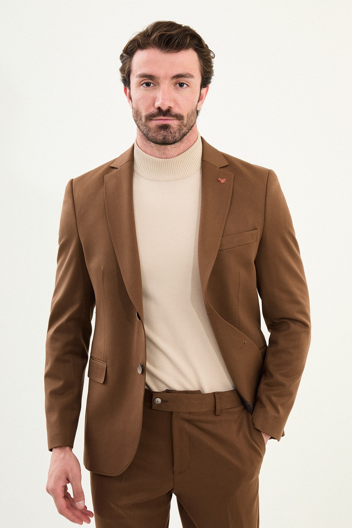 Düz Slim Fit Mono Yaka Klasik Yün Erkek Takım Elbise - Kamel