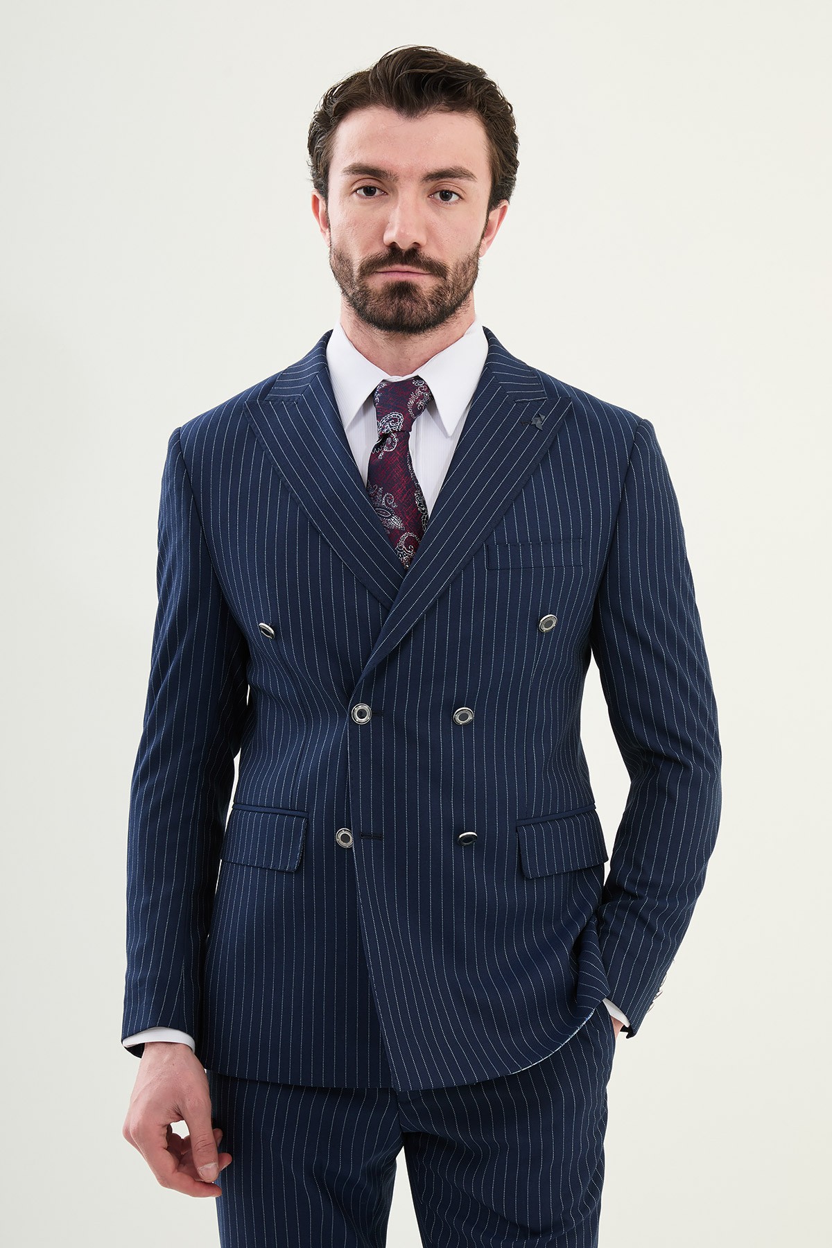 Çizgili Slim Fit Geniş Yaka Kruvaze Erkek Takım Elbise - Lacivert