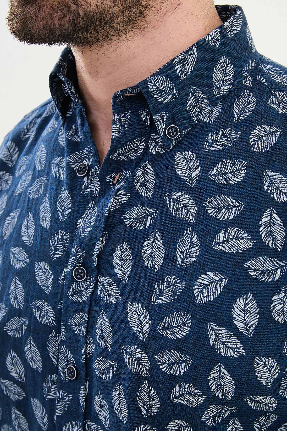 Çiçek Desenli Slim Fit Uzun Kollu Keten Erkek Gömlek