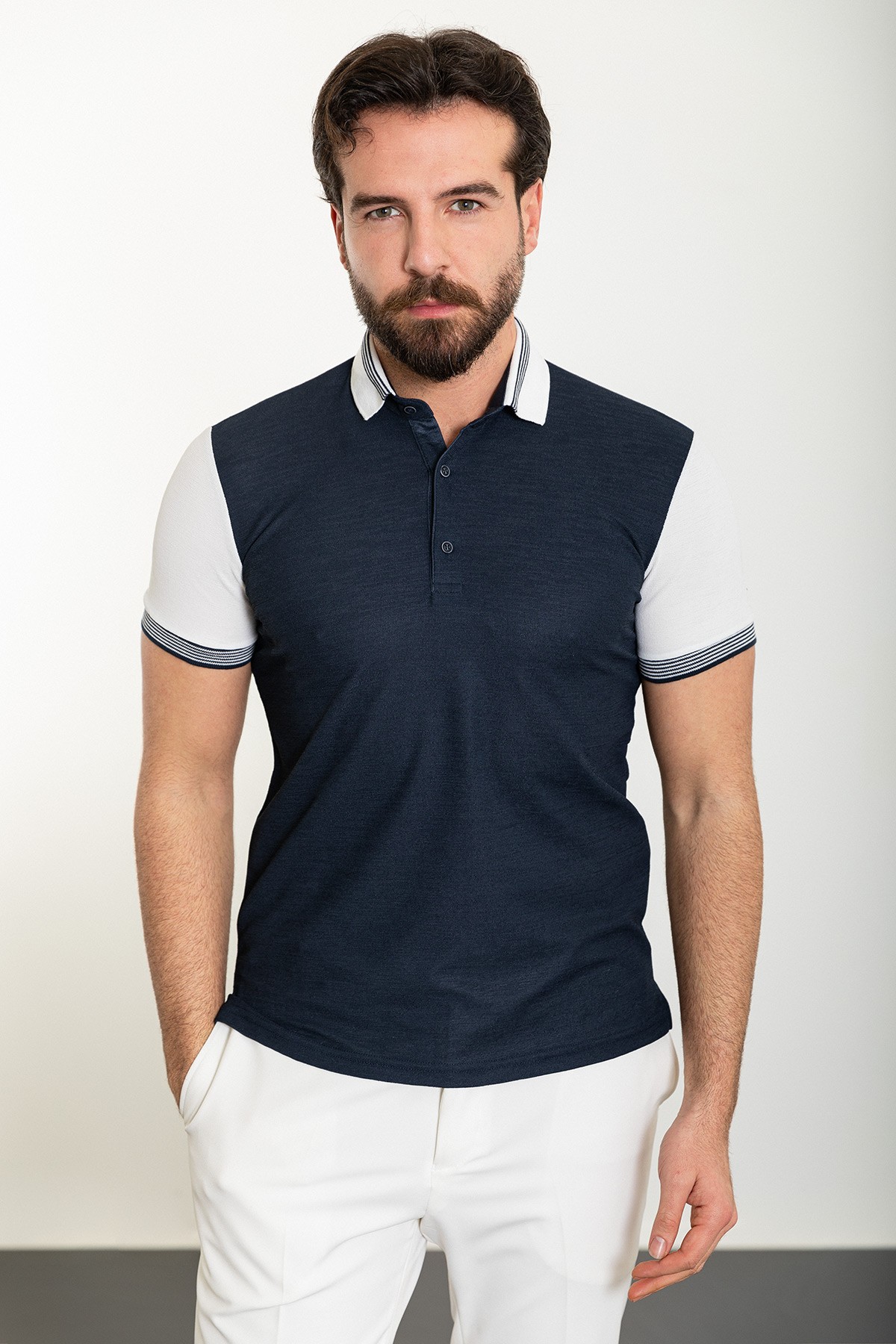 Parçalı Slim Fit Polo Yaka Erkek T-Shirt - Lacivert