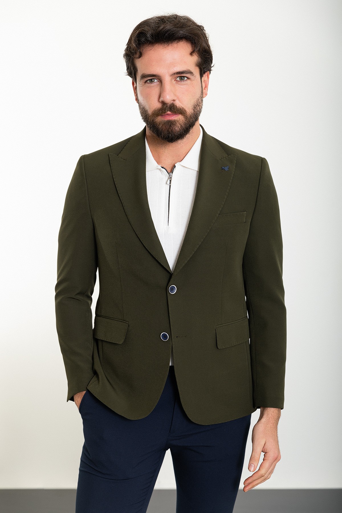 Düz Slim Fit Geniş Yaka Erkek Ceket - Haki