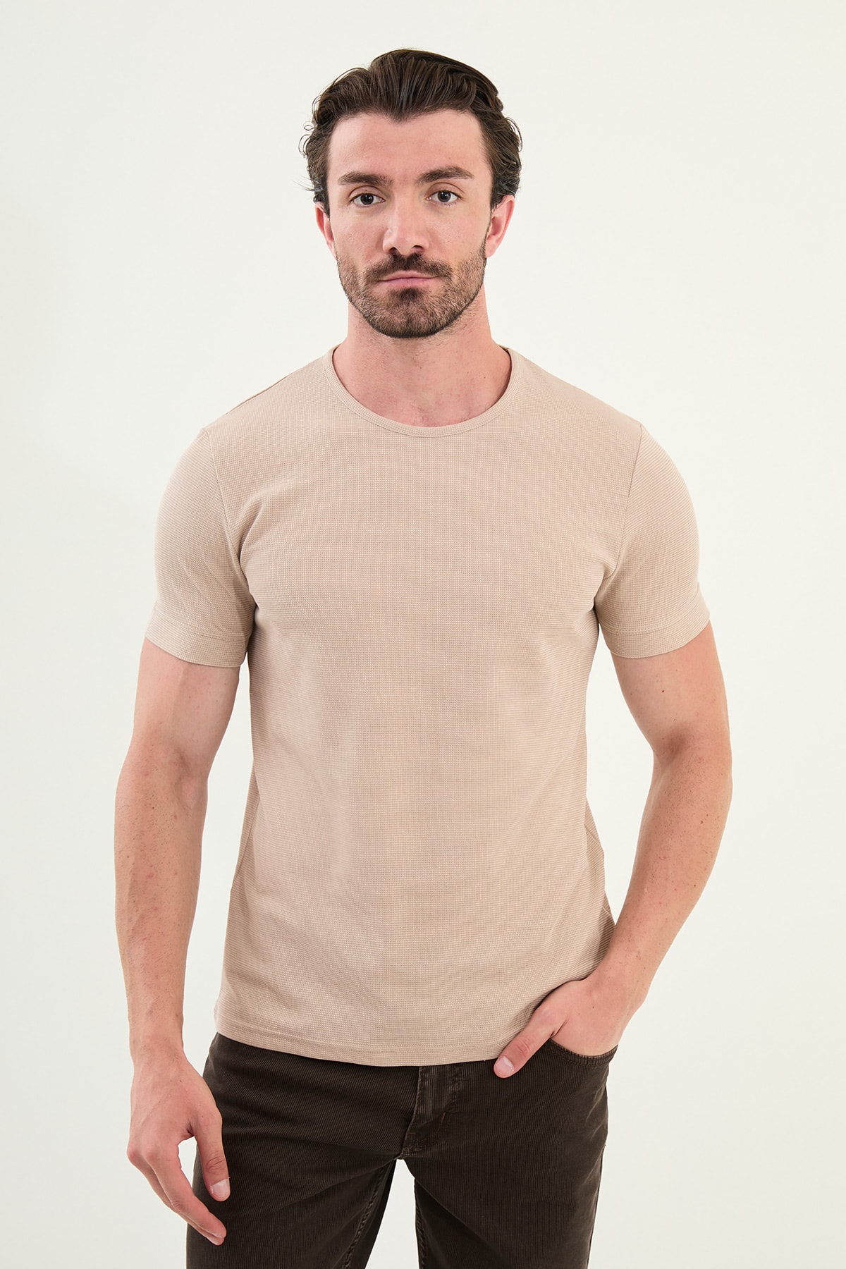 Desenli Slim Fit Kısa Kollu Pamuk Erkek T-Shirt - Bej