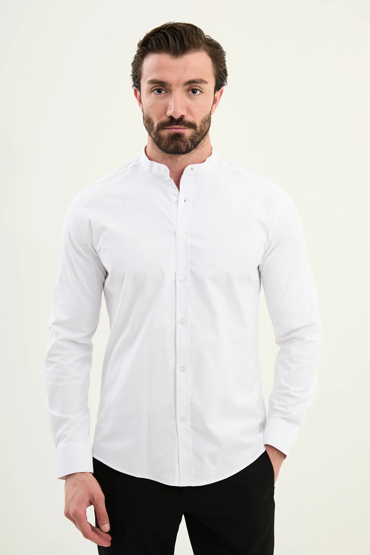 İnce Çizgili Slim Fit Hakim Yaka Uzun Kollu Pamuk Erkek Gömlek - Beyaz