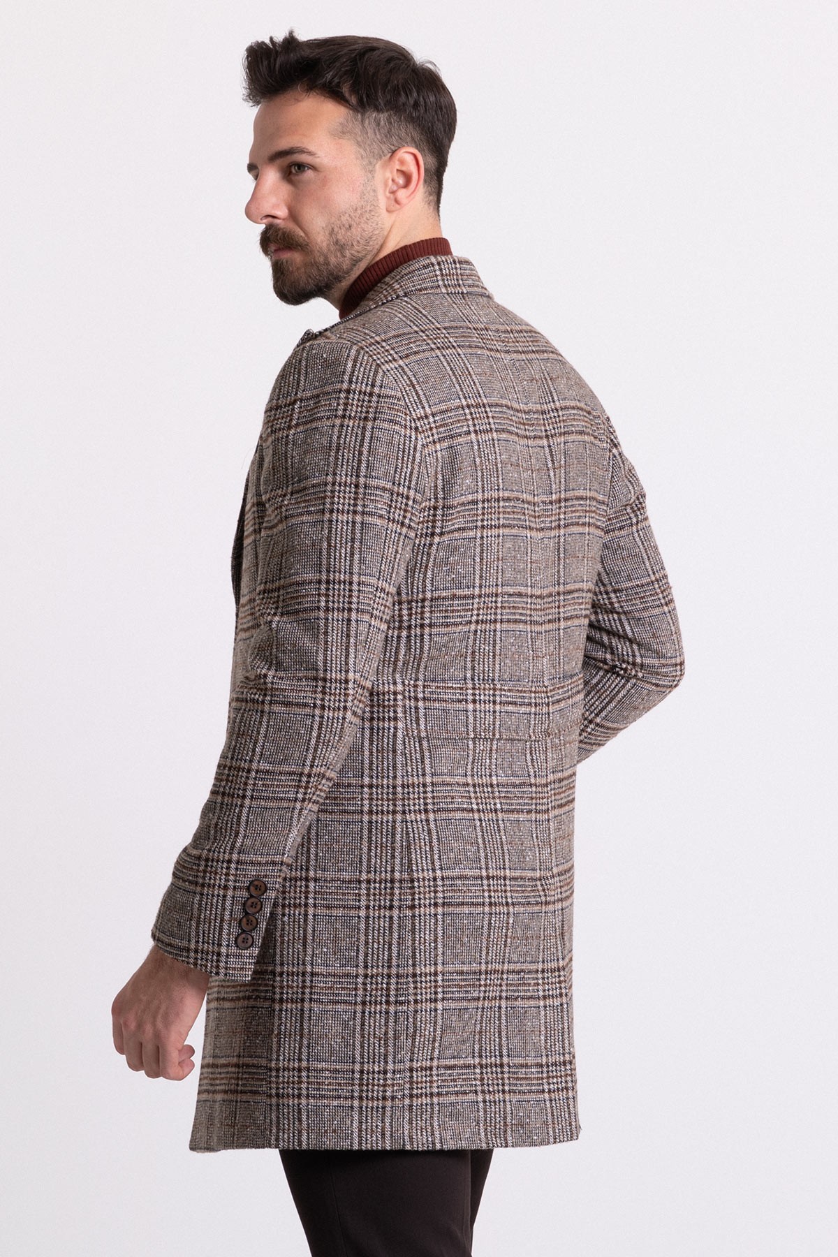 Ekoseli Slim Fit Kırlangıç Yaka Yün Erkek Kaban