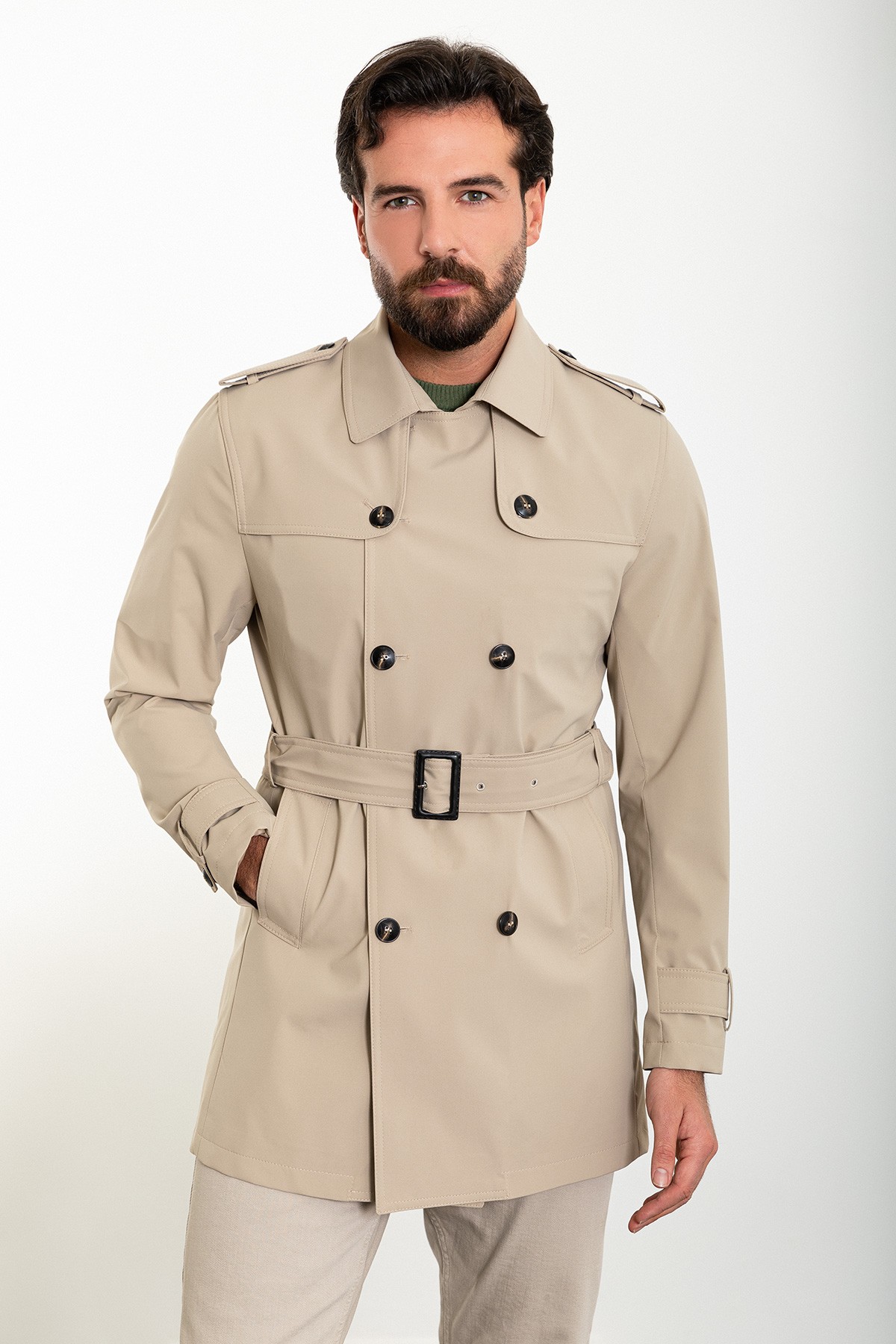 Düz Slim Fit Kemerli Kruvaze Erkek Trenchcoat - Bej