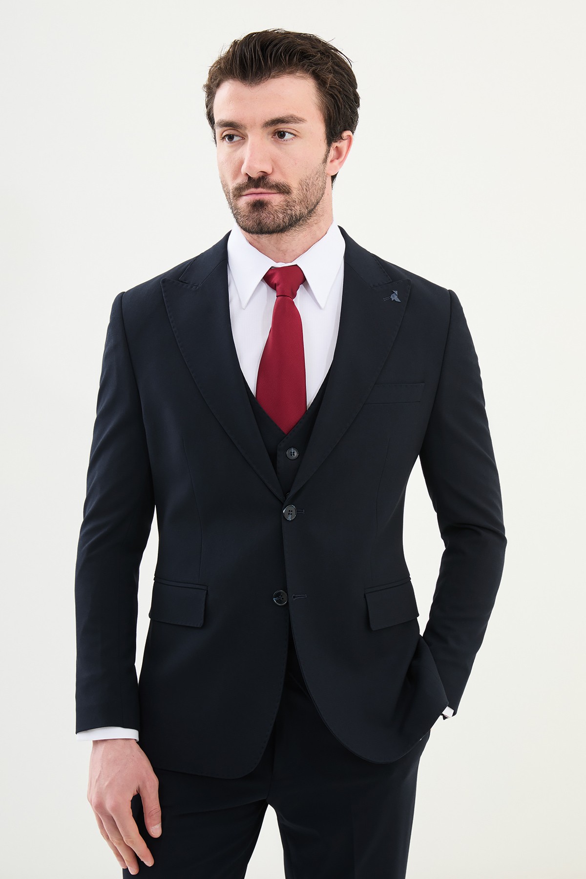Düz Slim Fit Mono Yaka Klasik Erkek Takım Elbise - Lacivert