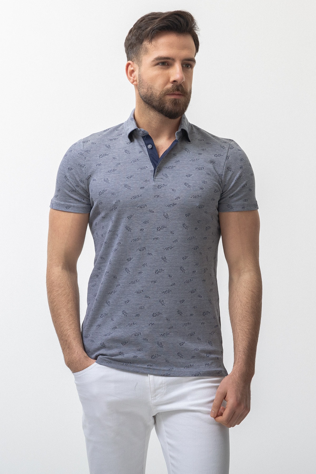 Yaprak Desenli Slim Fit Polo Yaka Erkek T-Shirt - Lacivert