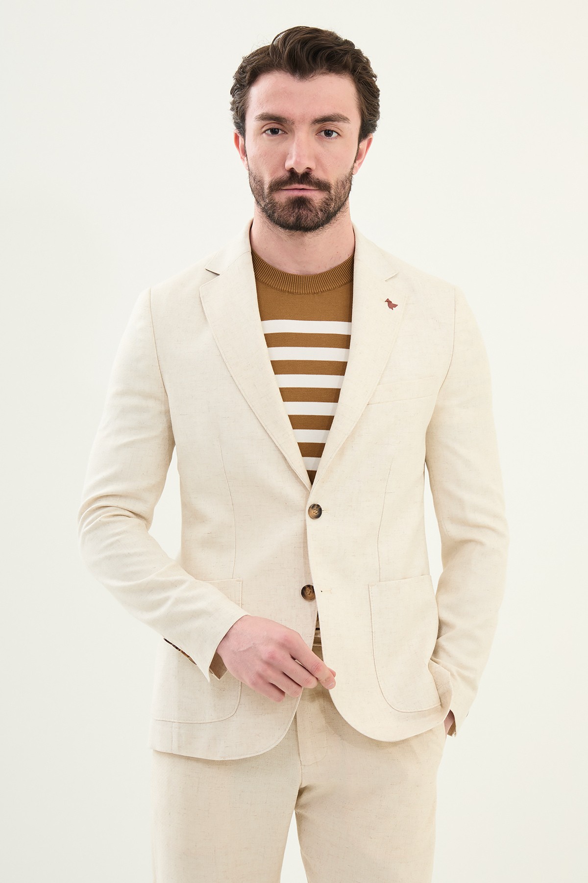 Düz Slim Fit Torba Cep Mono Yaka Keten Erkek Ceket - Bej