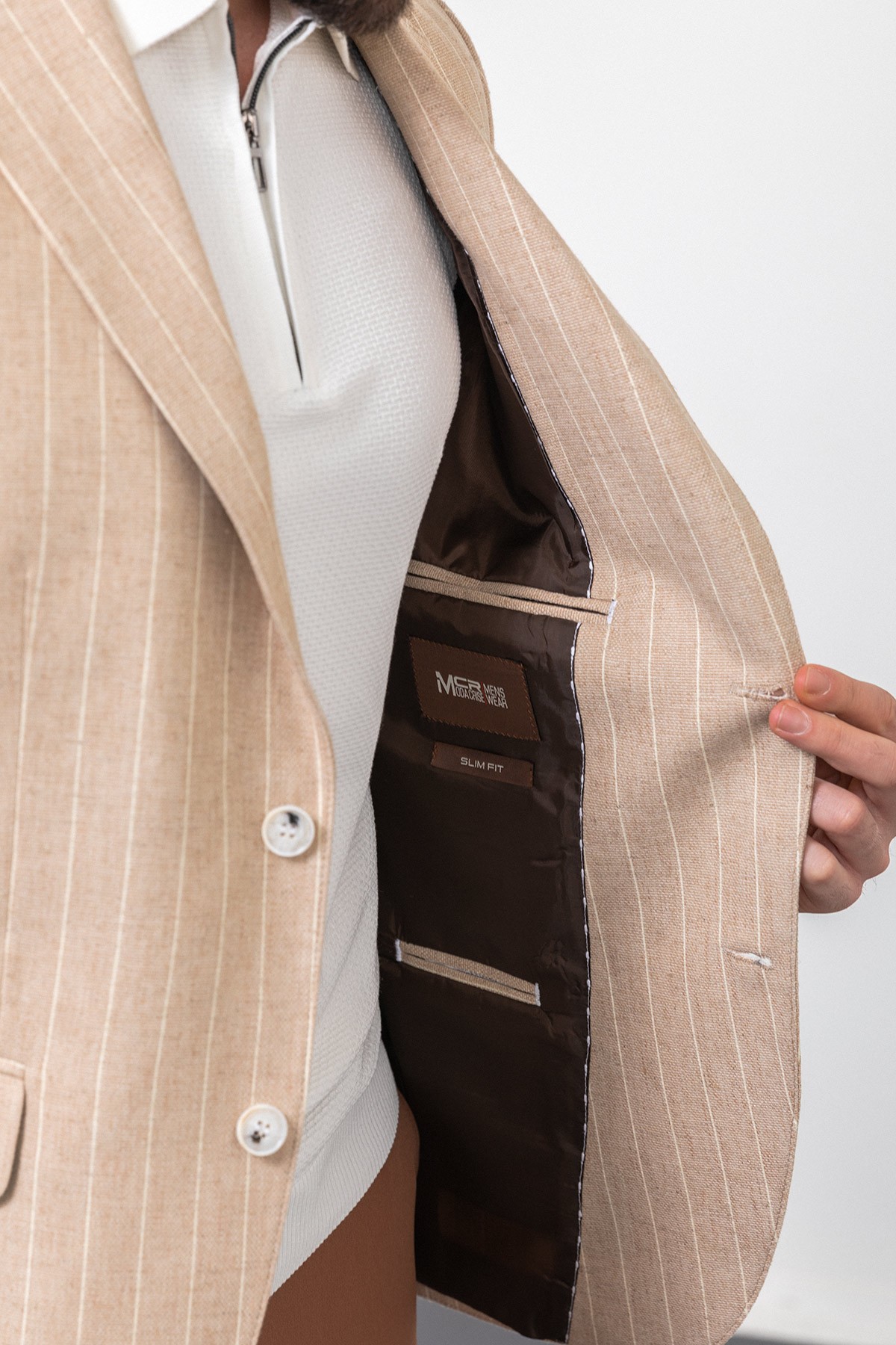 Çizgili Slim Fit Mono Yaka Keten Erkek Ceket