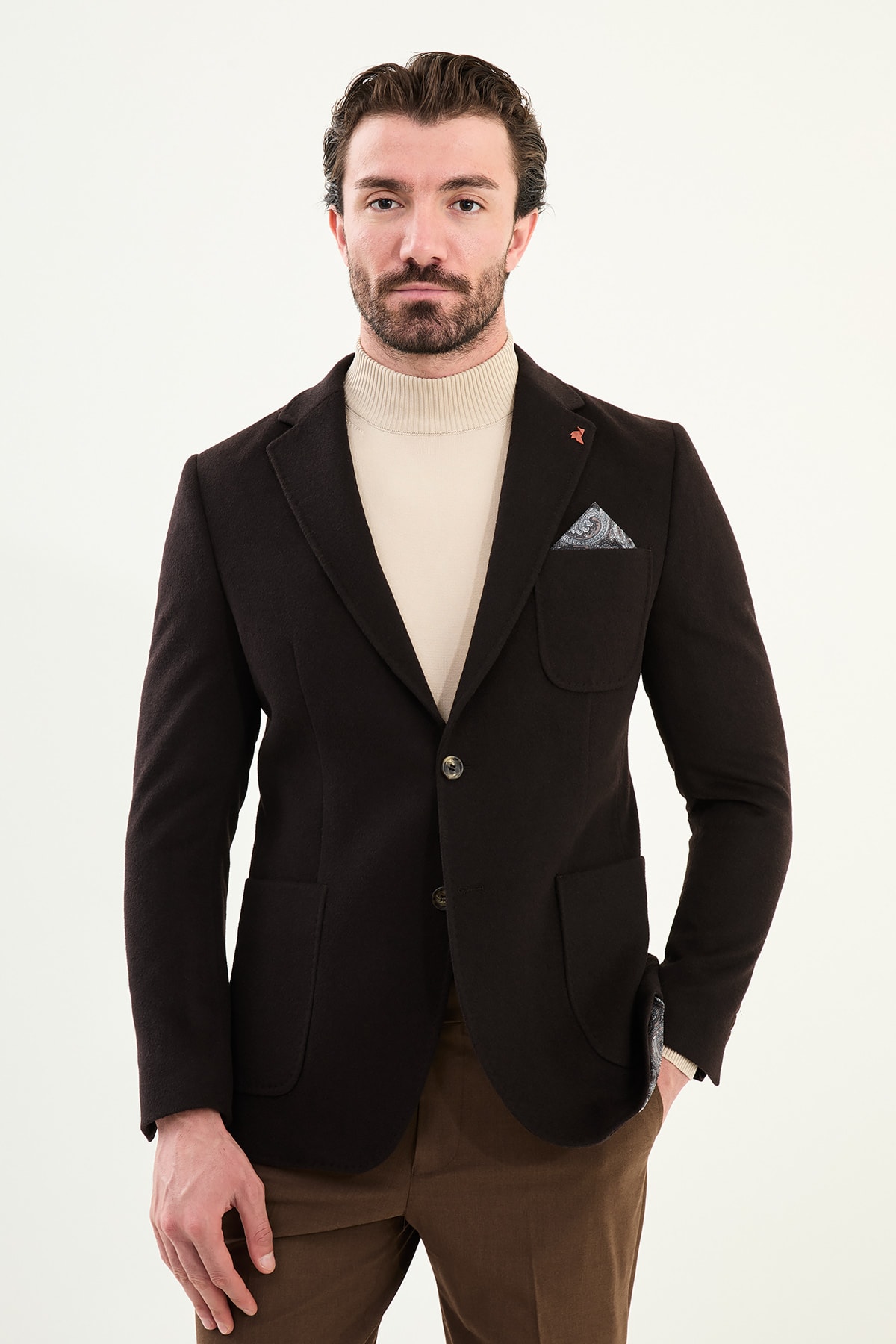 Düz Slim Fit Torba Cepli Mendil Detaylı Yün Erkek Ceket