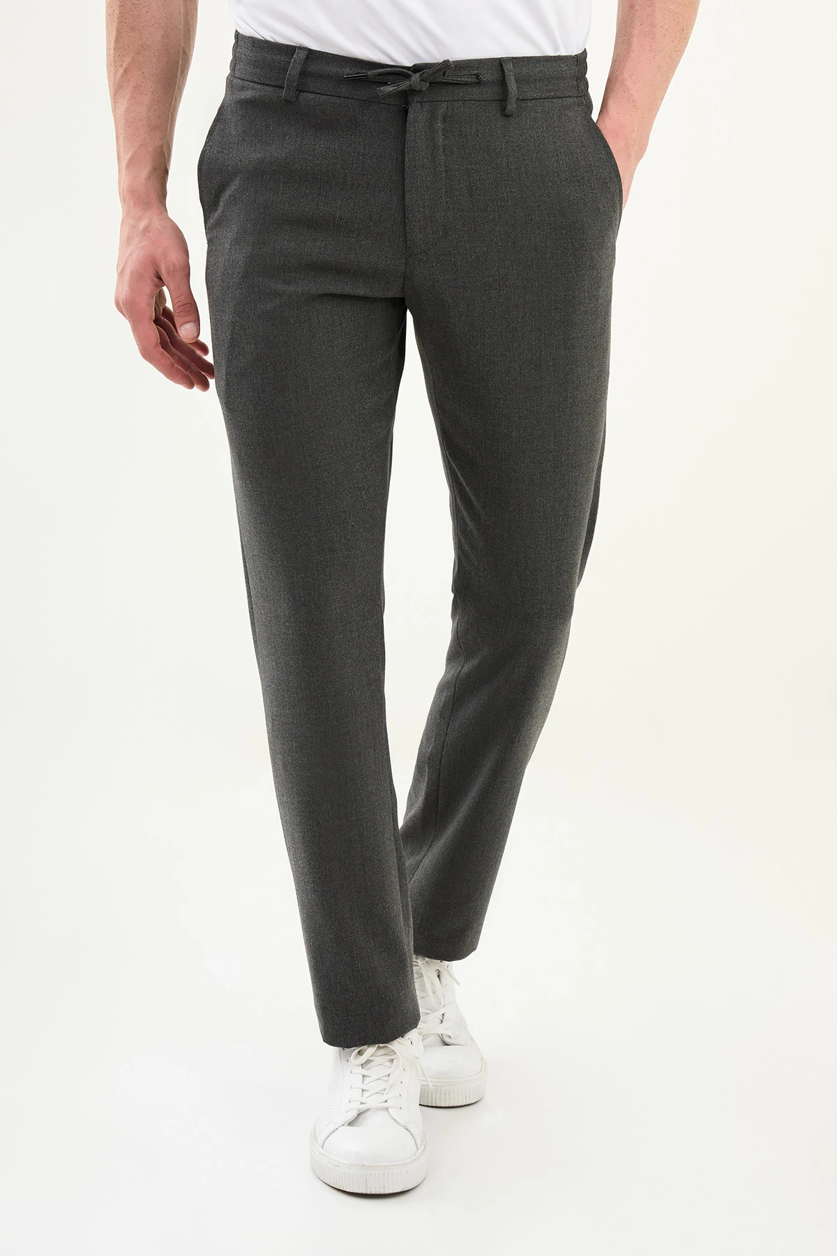 Düz Slim Fit İpli Beli Lastikli Erkek Pantolon - Antrasit