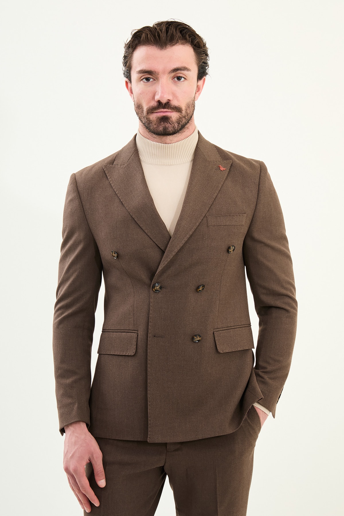 Düz Slim Fit Geniş Yaka Punto Dikiş Kruvaze Erkek Takım Elbise - Kahverengi