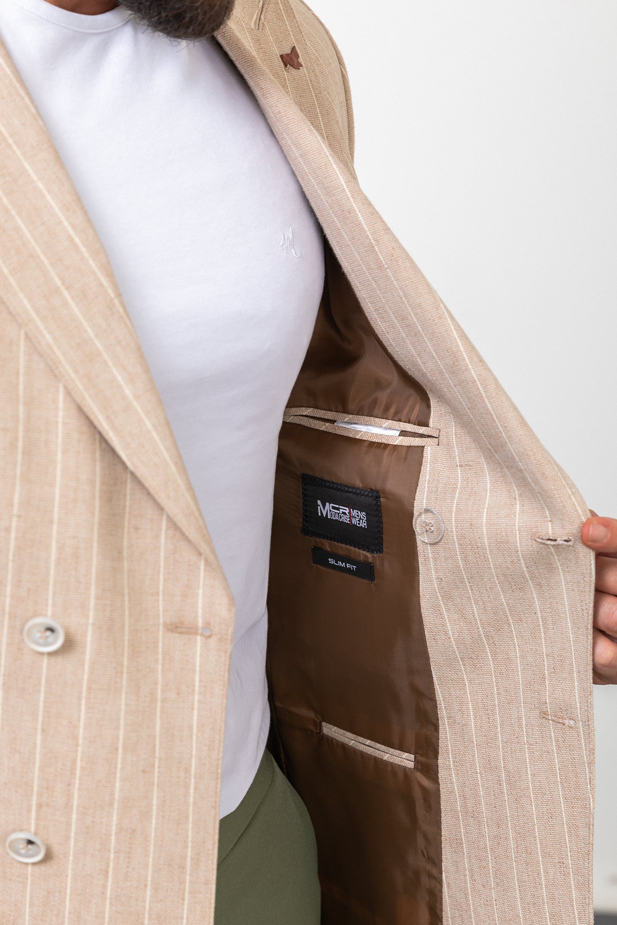 Çizgili Slim Fit Geniş Yaka Kruvaze Keten Erkek Ceket