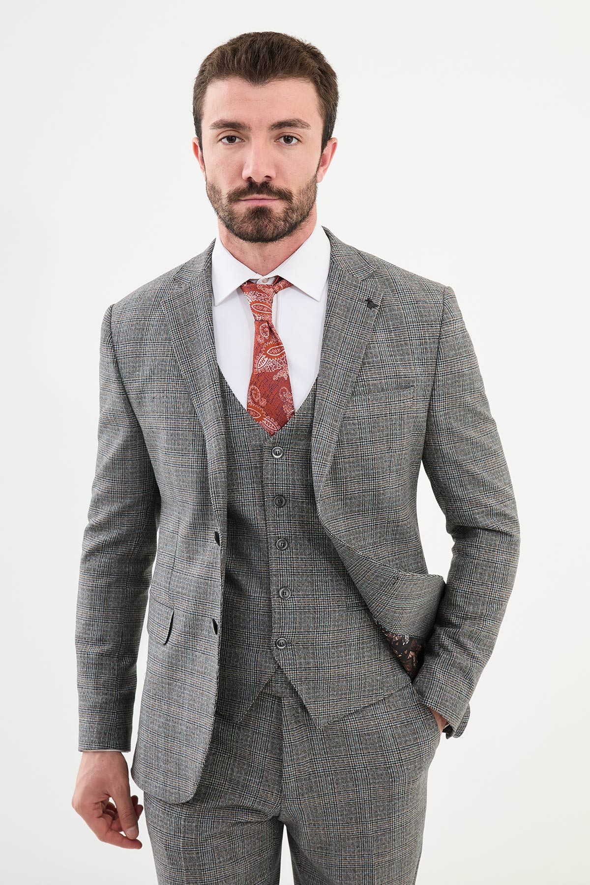 Ekoseli Slim Fit Mono Yaka Erkek Takım Elbise