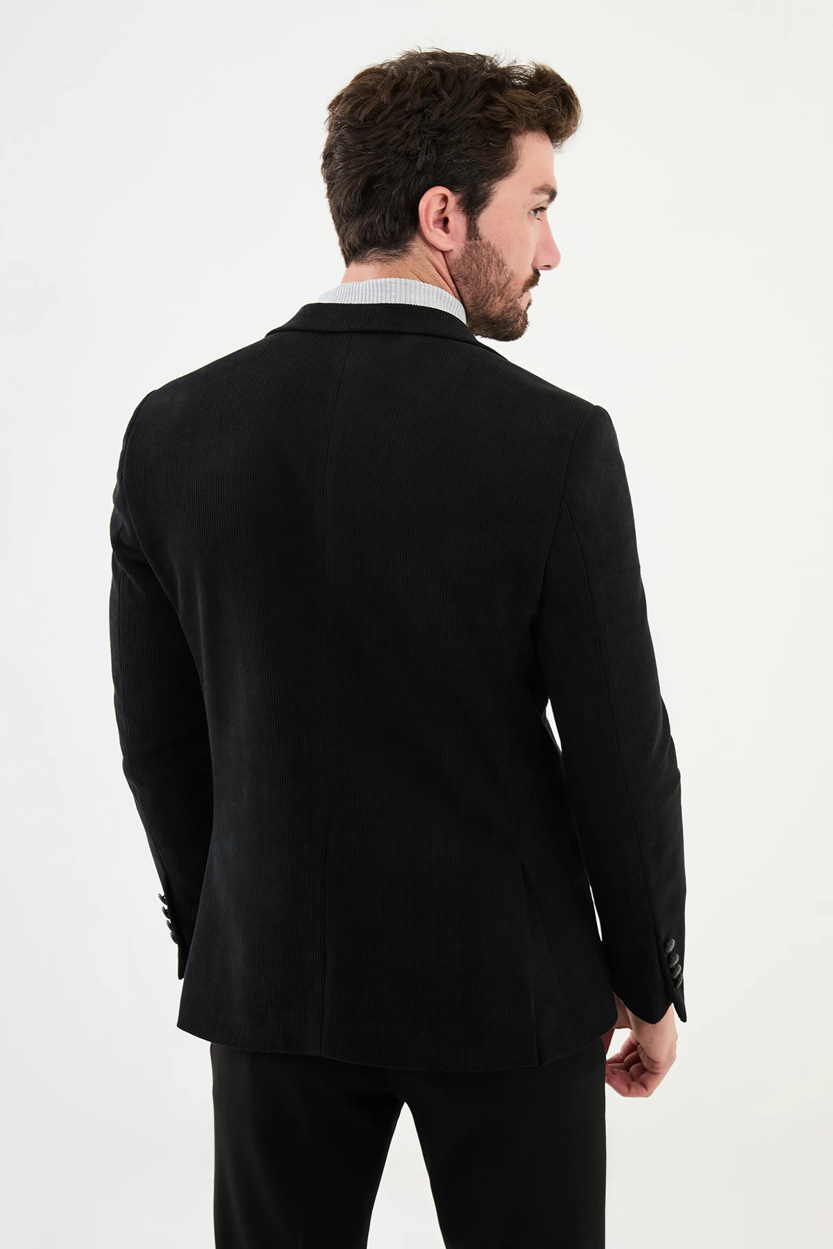 Çizgili Slim Fit Torba Cep Mono Yaka Kadife Erkek Ceket