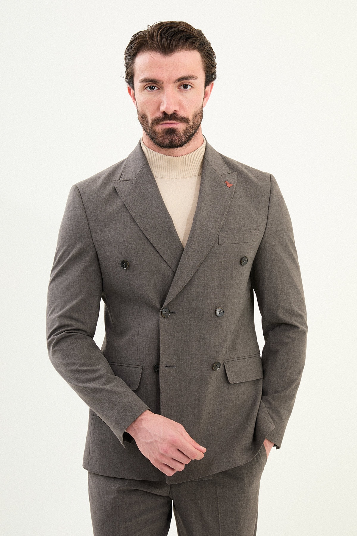 Düz Slim Fit Geniş Yaka Kruvaze Erkek Takım Elbise - Antrasit